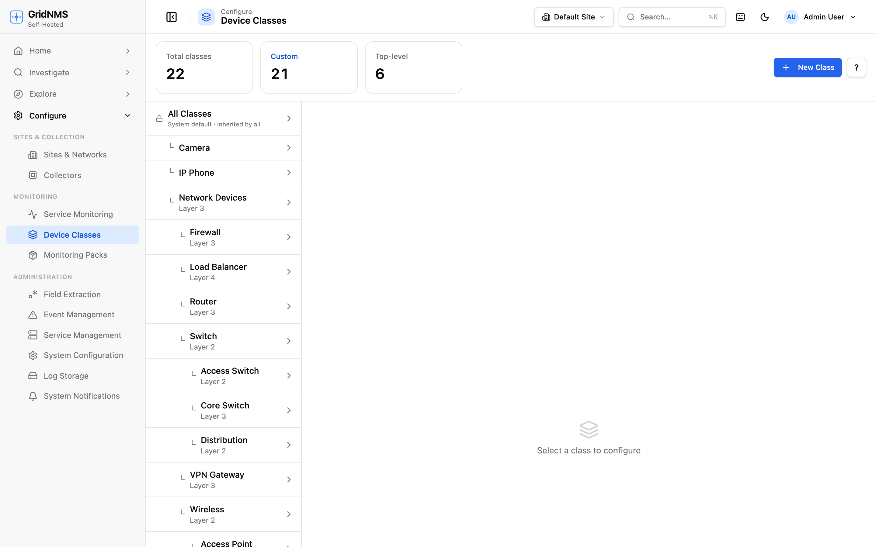 The Device Classes page with the class tree and detail panel